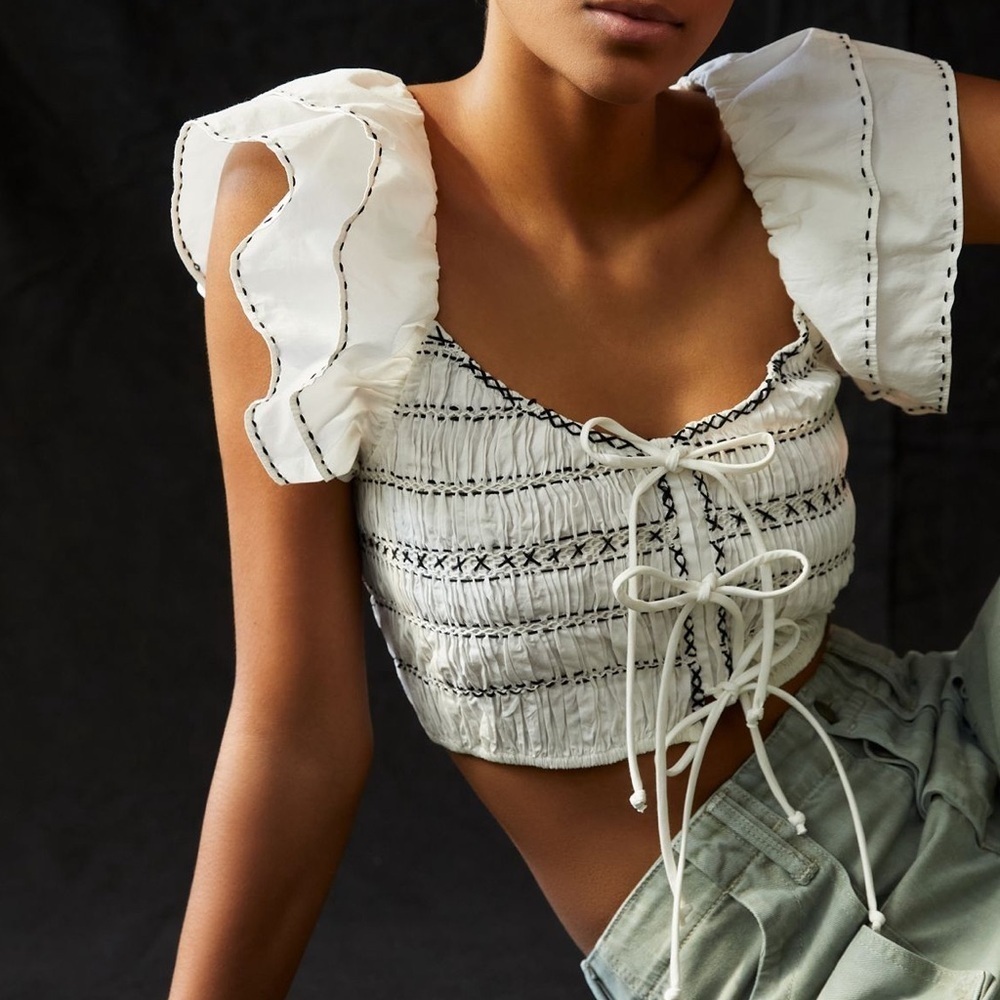 Anthropologie Smocked Ruffle Tie Crop Top Small